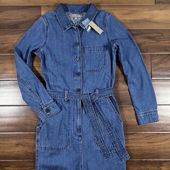 J Crew Point Sur Size 00 Blue Belted Tie Denim Pant Jumpsuit - Picture 3 of 10